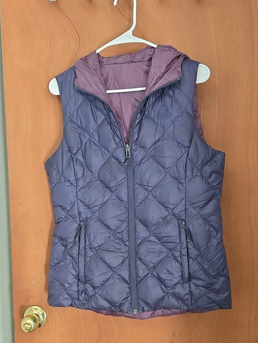Gerry Weber Quilted Hooded Down Vest in Dark Blue Lined With Plum